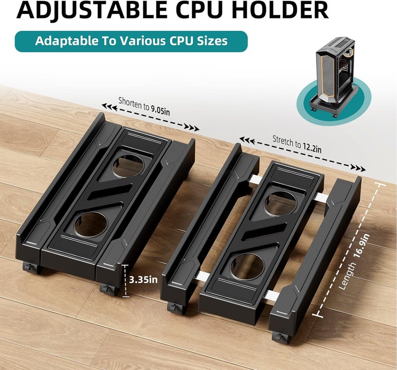 CABTE Adjustable Computer Tower Stand, Mobile CPU Stand with 4 Rolling Caster Wheels, Under Desk CPU Holder PC Floor Cart PC Riser for Gamers and Students (Standard model) - Image 2